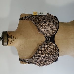 Vassarette 42C Bra NWT Black Beige Floral Full Coverage Light Padding Adjustable